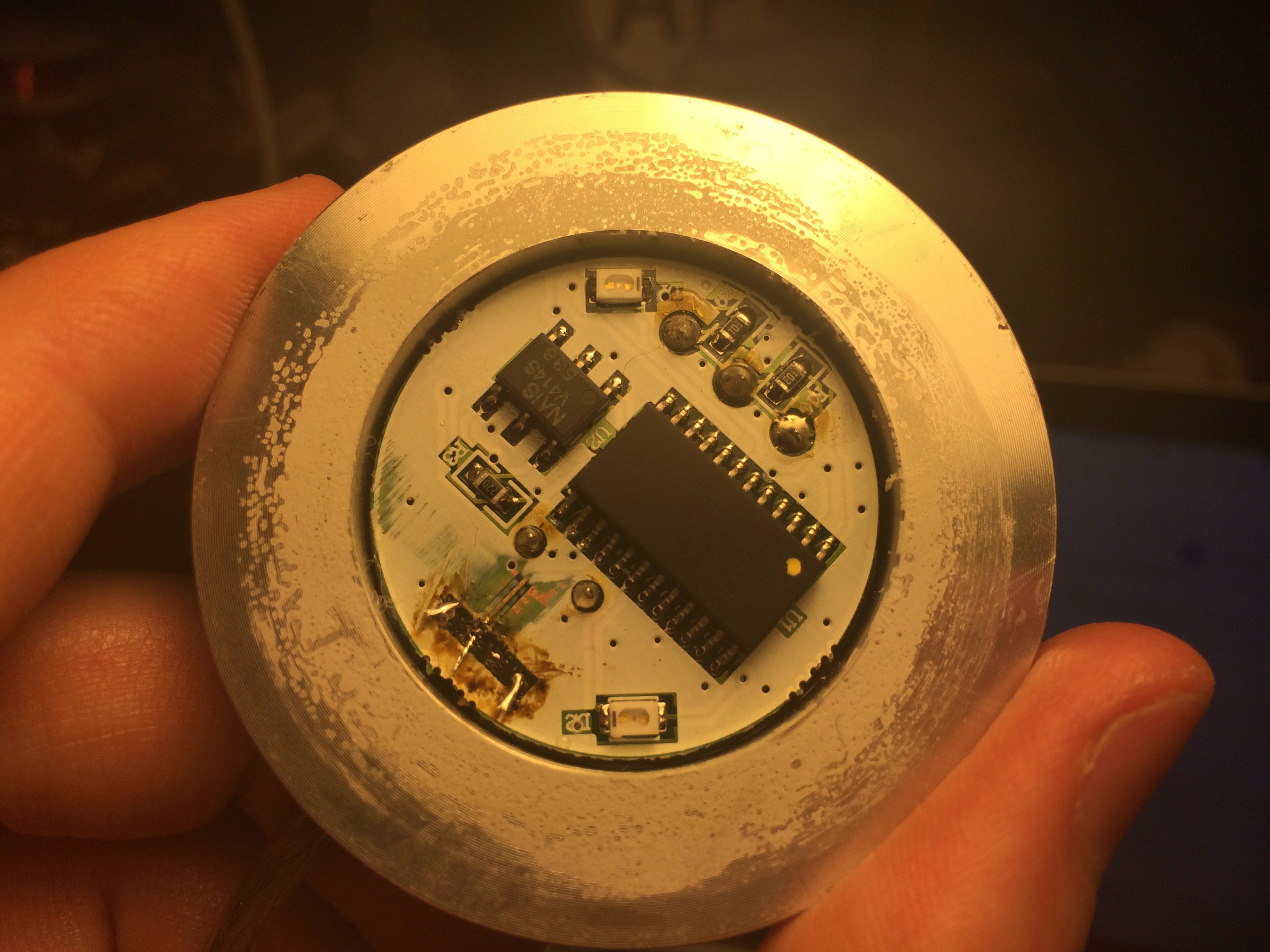 Griffin insides close up of shitty solder job (those traces lifted with NO heat, I swear)