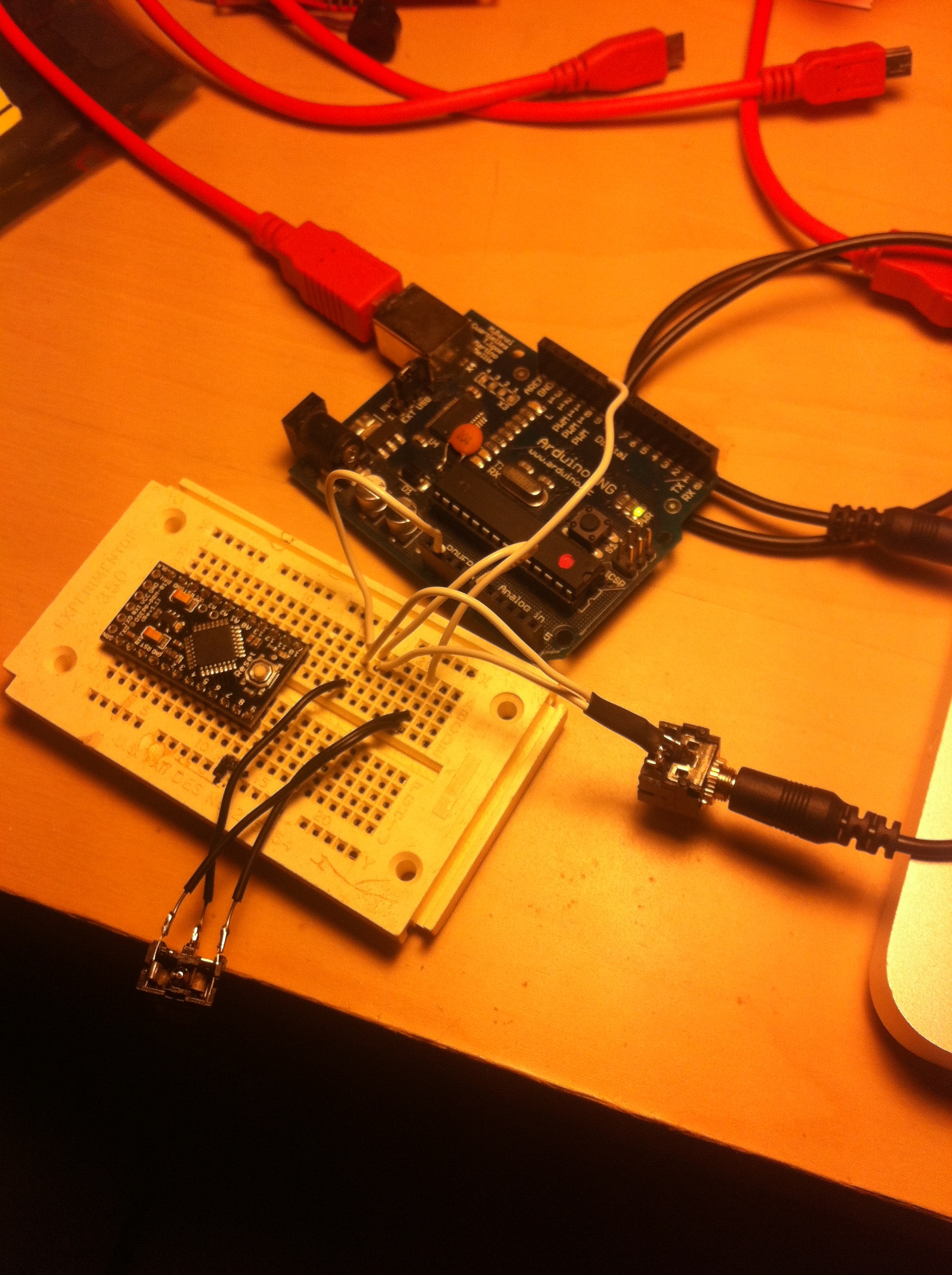 Simple ADC to DAC test through the Arduino: It reads an audio signal as fast as it can and spits out the information as fast as it can via PWM. It sounds dirty! But it's not good enough for effects...