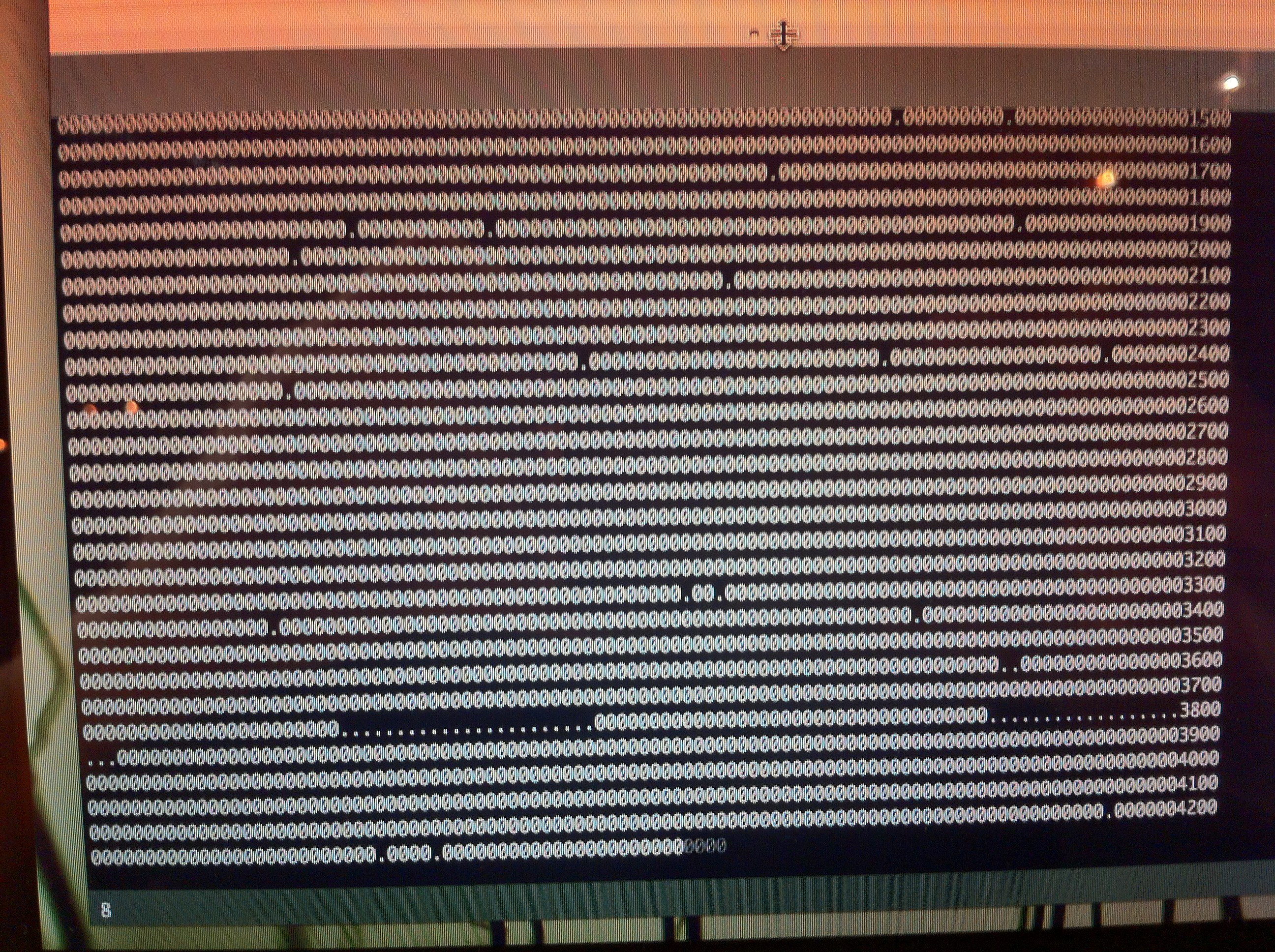 And here's the Processing output as it's writing the chip! Kinda simple but it works out. Periods are "that address is already correct" and zero's are "that address needed to be written". You can see the ghosting of the next chunk being written from the HDR overlay on the last four addresses...
