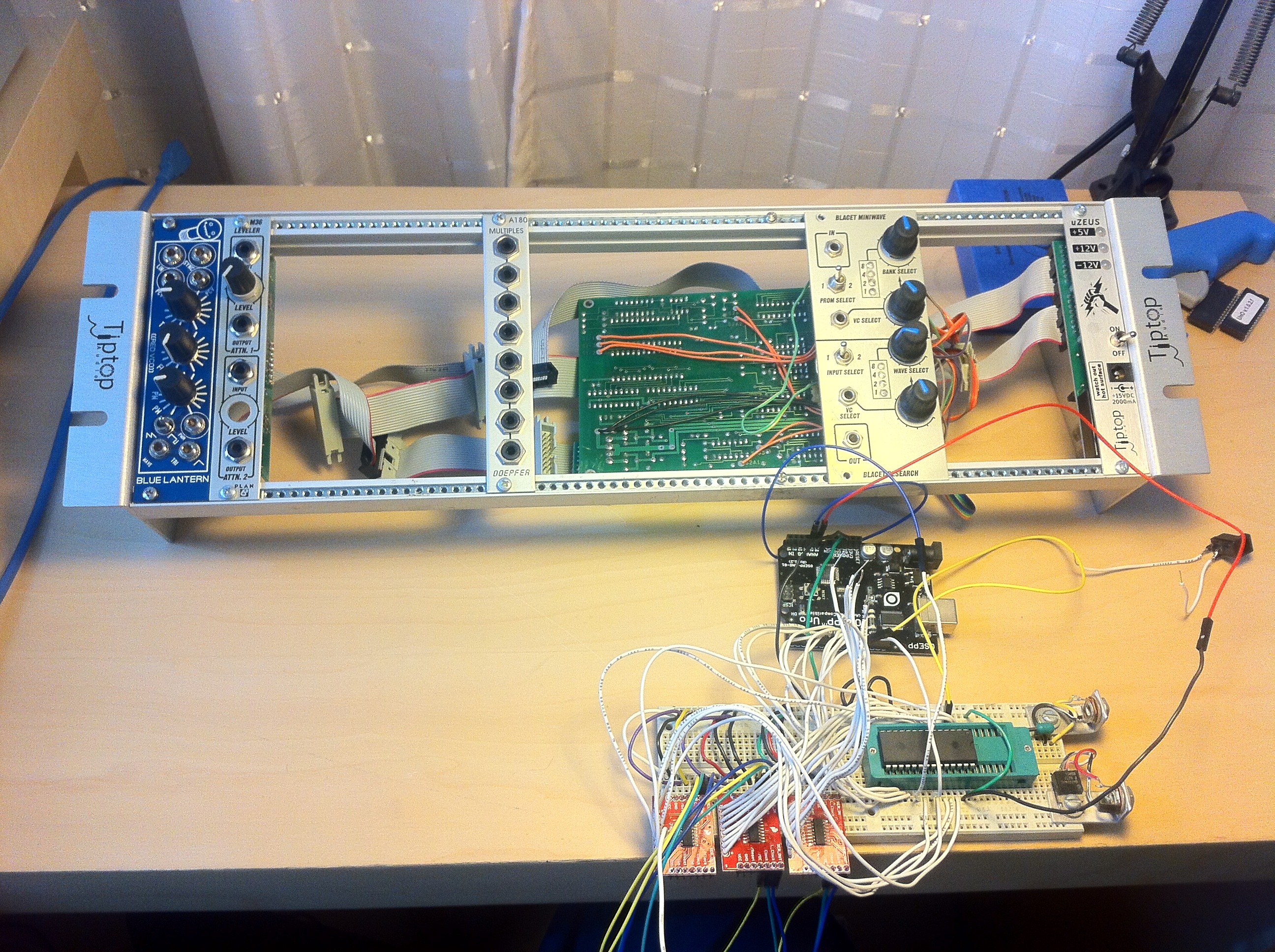 Eurorack synth setup and the EPROM/EEPROM Parallel programmer shield prototype. The Miniwave uses a EPROM chip that the shield should be able to read and write...