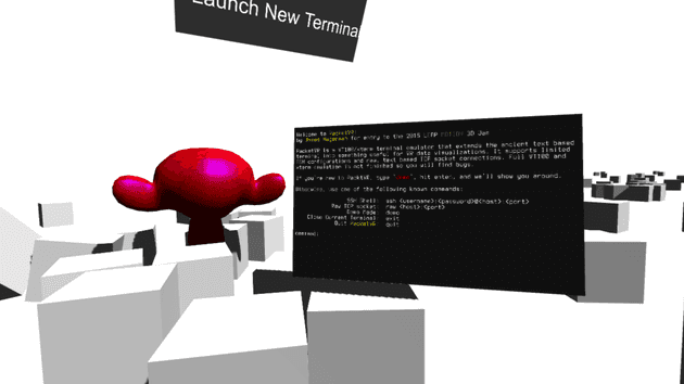 PacketVR terminal window, cubes loaded by a script, and an .obj file with it's .mtl texture loaded from an HTTP URL