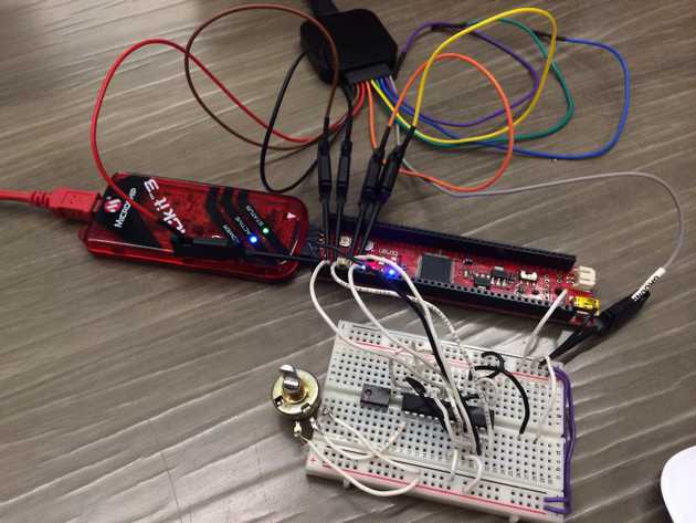 The working board hooked up. Saleae logic 8 watching the SPI lines...
